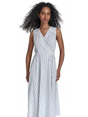 Calvin Klein CK White Pinstripe V Neck Wrap Dress Formal Event Size 2P, 6P
